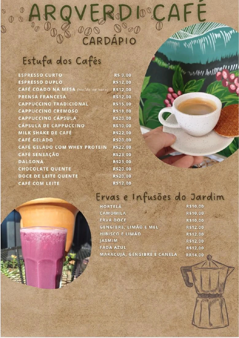 Página 2 do cardápio da Cafeteria ArqVerdi. Cafés, bebidas quentes, ervas e infusões.