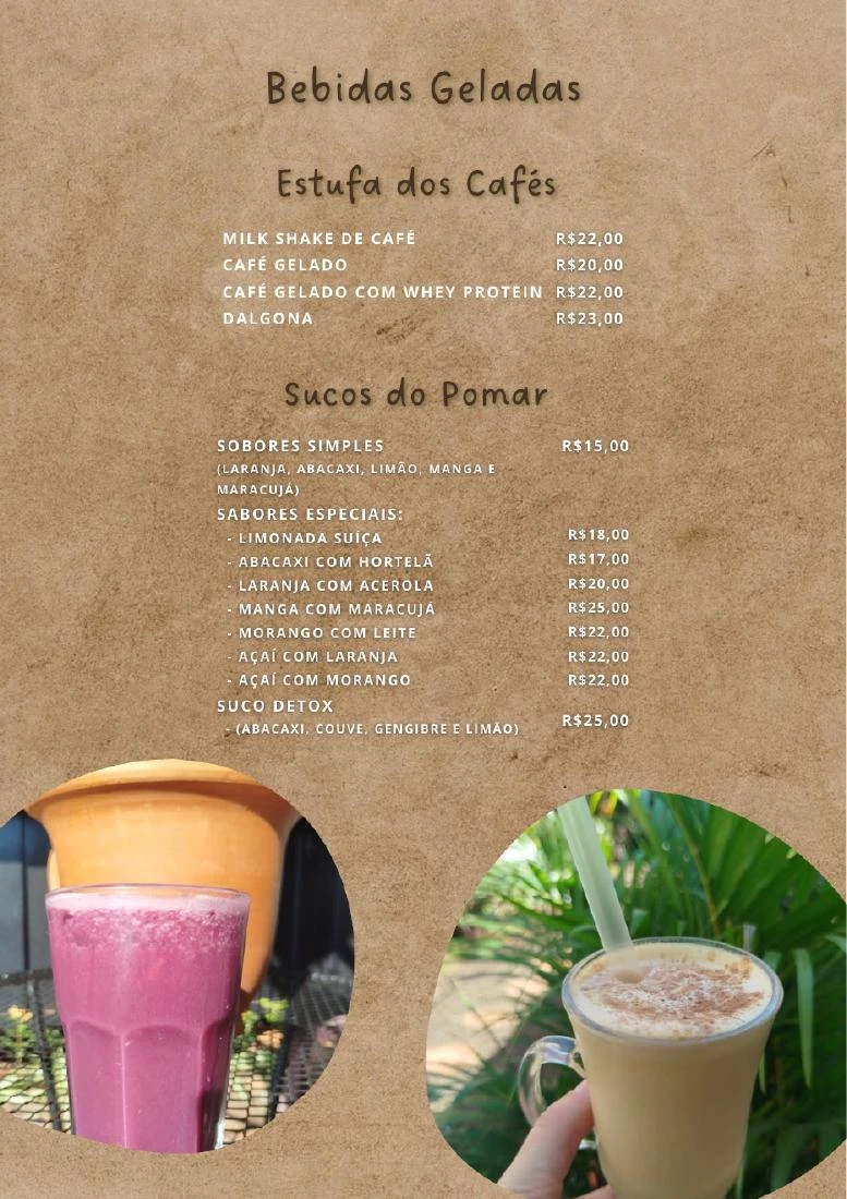 Página 3 do cardápio da Cafeteria ArqVerdi. Bebidas geladas, cafés e sucos do pomar.