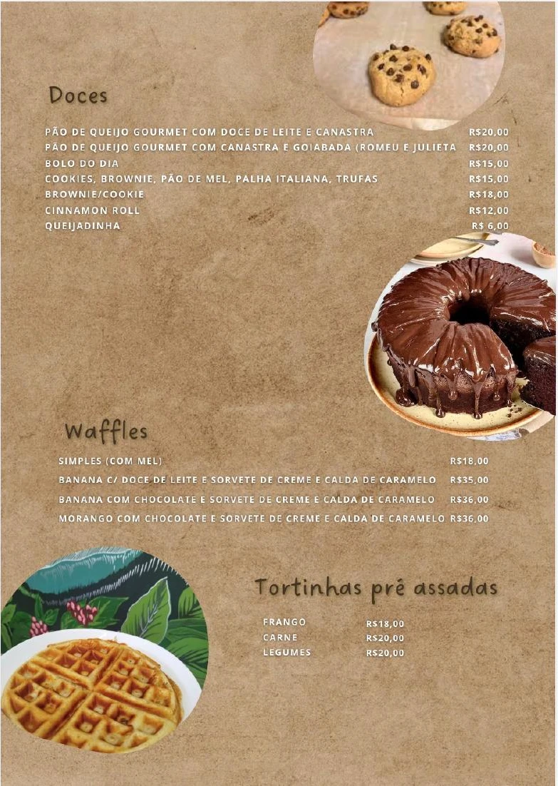 Página 5 do cardápio da Cafeteria ArqVerdi. Doces, waffles e tortinhas pré-assadas.