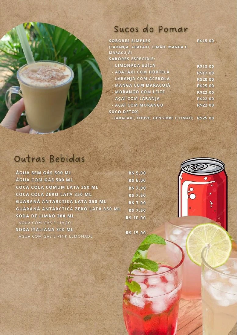 Página 6 do cardápio da Cafeteria ArqVerdi. Sucos do pomar e outras bebidas.